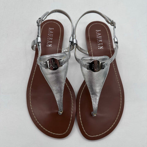 Lauren Ralph Lauren Silver Metallic T-Strap Thong Sandals Women's Size 8.5B