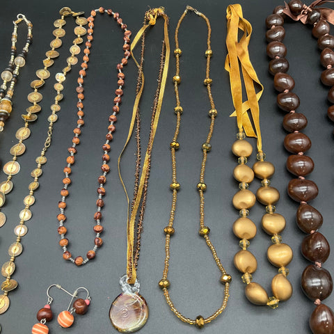 Boho Tropical Jewelry Lot 10pc Kukui Nut Shell Wood Glass Beaded Necklaces
