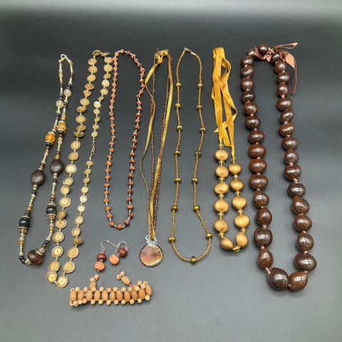 Boho Tropical Jewelry Lot 10pc Kukui Nut Shell Wood Glass Beaded Necklaces