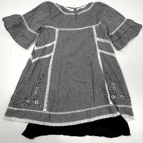 Free People Women's Black White Gingham Floral Embroidered Lace Tunic Dress Sz M