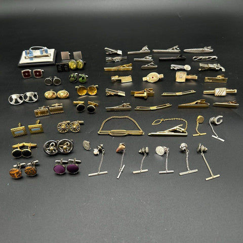Vintage Men's Jewelry Lot Cufflinks Tie Clips Tacks Pins Gold Silver 50pc