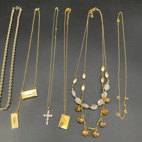 Costume Jewelry Lot 9pc Gold Tone Necklaces Envelope Cross Hope Tassel Chains