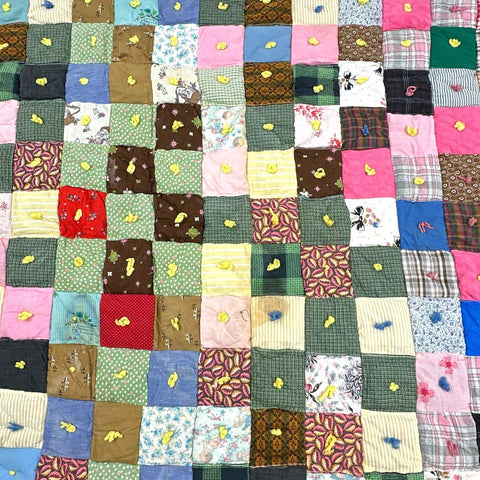 Vintage Scrappy Patchwork Puff Quilt Hand Tied Biscuit Blanket 50x58 Novelty