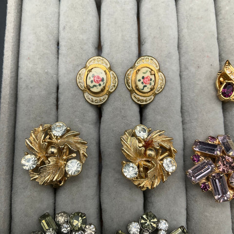 Vintage Clip-On Earrings Lot 8 Pairs B. David Signed Rhinestone AB Mid-Century