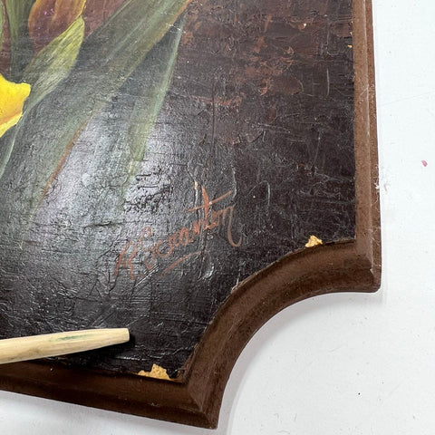 R. Scranton Oil on Wood Panel Painting Yellow Iris Floral Signed 12x10.5 Art