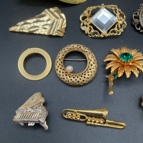 Vintage West Germany Costume Jewelry Lot of 15 Brooches Animals Musical Themes