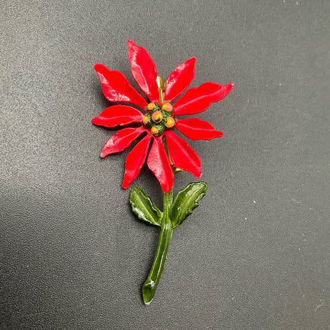 Vintage Mid-Century Enamel Flower Brooches Lot of 2 Red Poinsettia Teal Retro