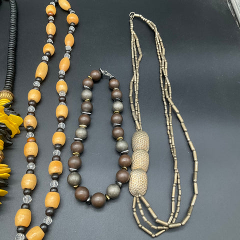 Boho Statement Wood Bead & Resin Necklace Lot of 7 Earthy Tribal Style Jewelry