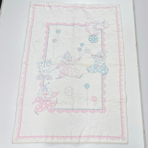 Vintage Hand Embroidered Baby Quilt Stamped Clown Circus Crib Blanket Pink Blue