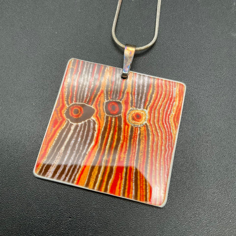Mondo Rondo Australian Indigenous Art Square Pendant Necklace Hand Made Boxed