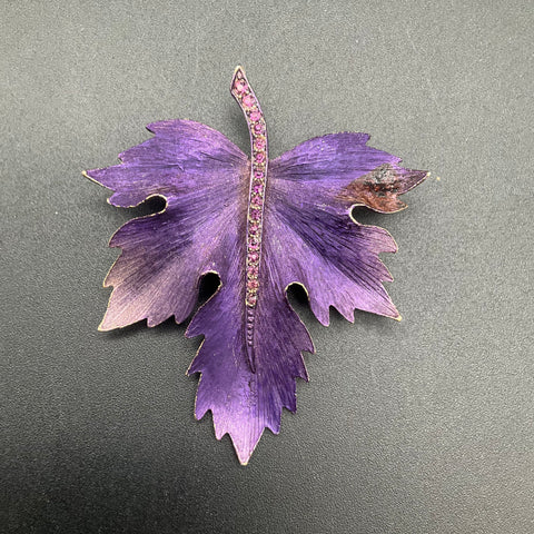 Vintage Purple Enamel Rhinestone Leaf Demi Parure Brooch Clip-on Earrings Set
