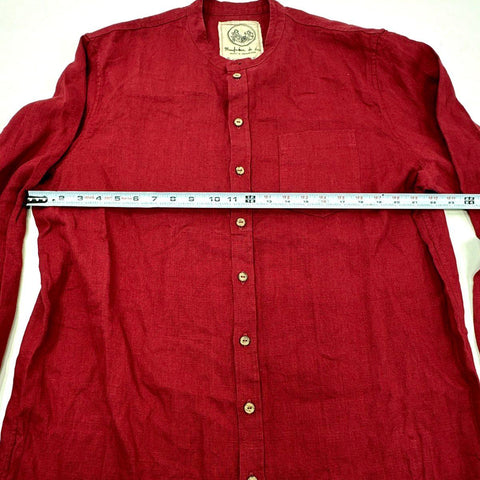 Manufacture de Lin Men's Red 100% Linen Mandarin Collar Long Sleeve Shirt XL