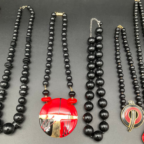 Vintage Red Black Gold Tone Statement Necklace Jewelry Lot of 7 Retro Pieces