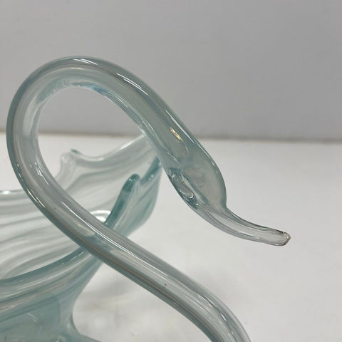 Vintage Hand Blown Art Glass Swan Bowl Dish Blue White Swirl Mid-Century Large