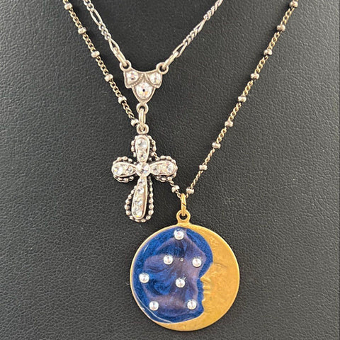 Anne Koplik Designs Lot of 2 Necklaces Rhinestone Cross & Celestial Moon Pendant