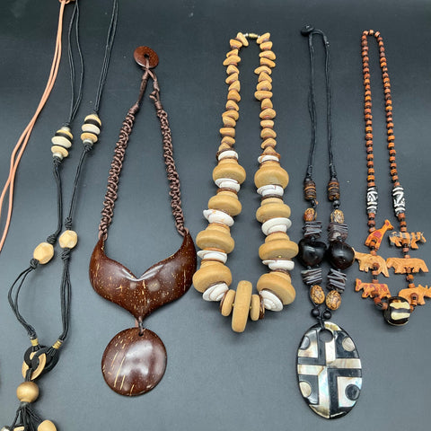 Vintage Boho Jewelry Lot 6 Necklaces Wood Shell Agate Tribal Ethnic Statement