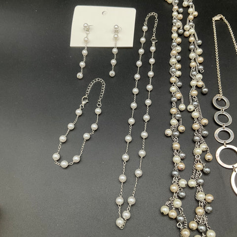 Mixed Silver Tone & Faux Pearl Costume Jewelry Lot 11 Pcs Necklaces Earrings