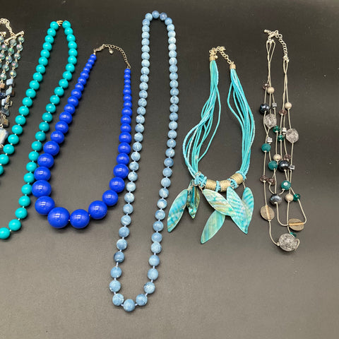 Costume Jewelry Necklace Lot of 9 Vintage to Modern Blue Turquoise Green Tones