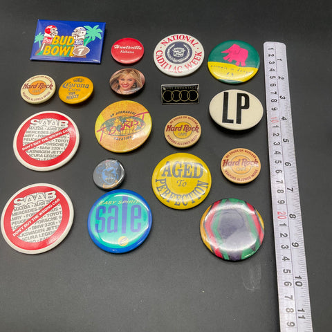 Pin-back Button Lot Vintage Hard Rock Cafe Saab Bud Bowl Cadillac 18 Pieces