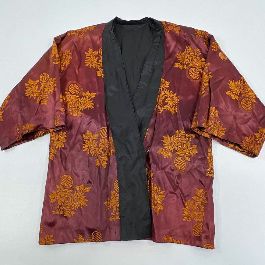 Vintage 60s Chinese Embroidered Brocade Kimono Haori Jacket Burgundy Gold