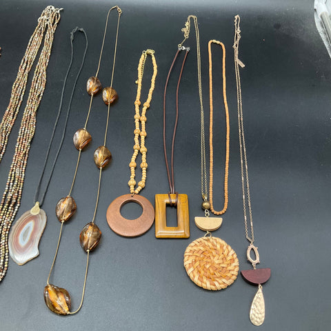 Boho Statement Jewelry Lot of 11 Necklaces Wood Agate Wicker Copper Tone Earthy