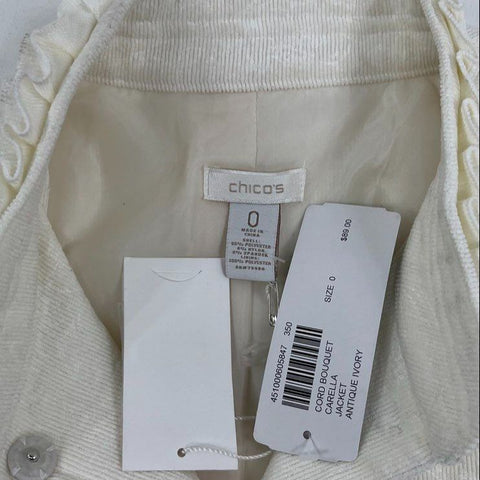 Chico's Cord Bouquet Carella Jacket Antique Ivory Ruffle Trim Women's 0 S NWT
