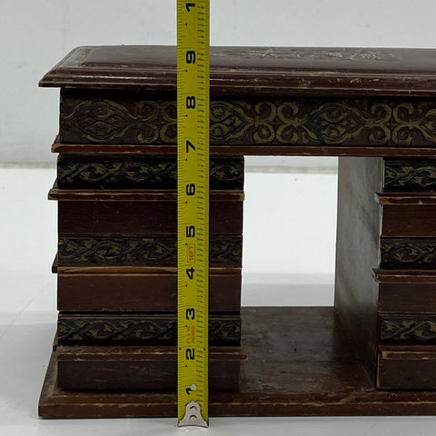 Vintage Wood Desk Jewelry Box Arc de Triomphe Style Greco-Roman Tooled Leather
