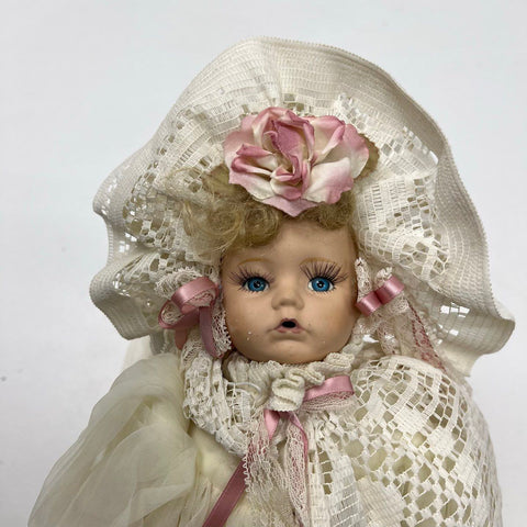 Vintage 80s Porcelain Doll White Lace Gown Pink Ribbon Bonnet Blue Eyes 24"