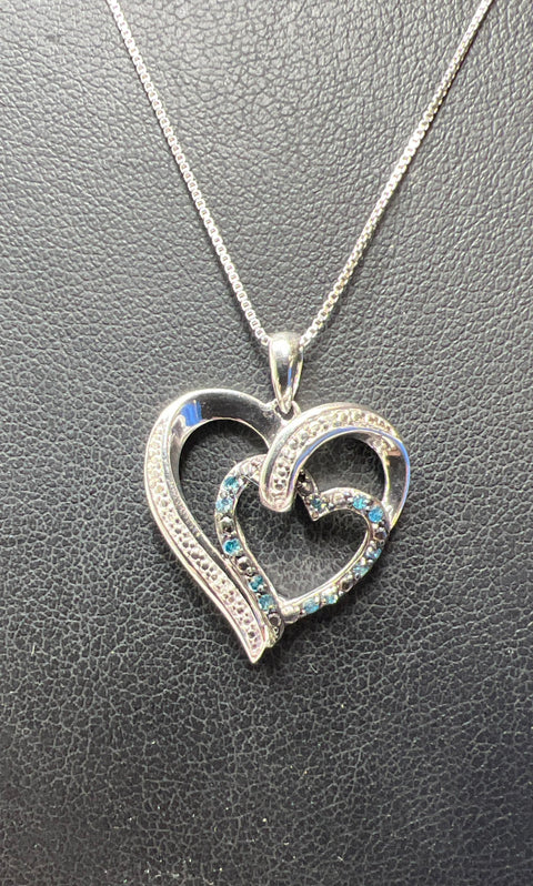 New Sterling Silver Blue & White Diamond Heart Pendant Necklace 18" 1/10 CTTW