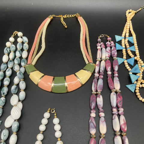 Vintage Retro Costume Jewelry Lot 6 Statement Necklaces Bib Beaded Enamel