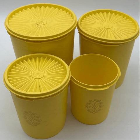 Tupperware Yellow Canister Set 7pc Vintage Floral Scroll Design Sunburst Lids
