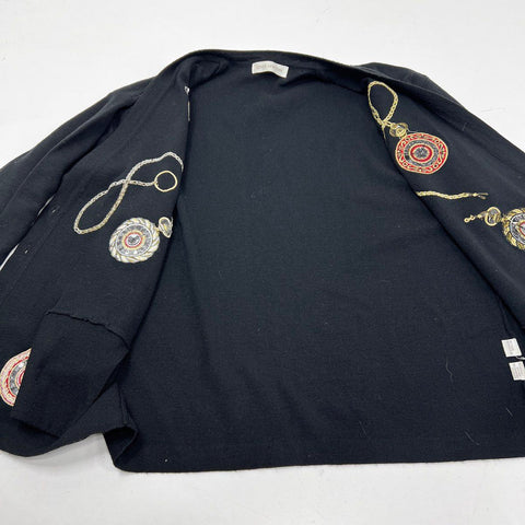 Vintage 90s Jones New York Women's Black Pocket Watch Embroidered Cardigan