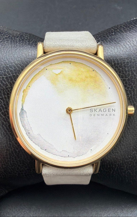 Skagen Signatur SKW2772 Women's Watch Gold Tone Grey Leather Band Tested Works