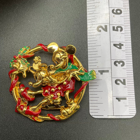Vintage Napier Disney Mickey Minnie Mouse Skating Wreath Brooch Gold Tone