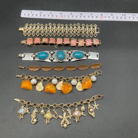 Vintage Monet Signed & Retro Jewelry Lot 7 Bracelets Nautical Faux Pearl Leaf