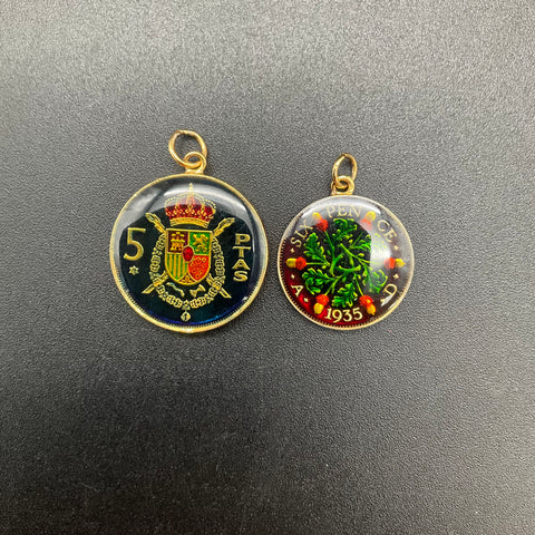 Vintage Enameled Coin Pendants 1935 British Sixpence 1975 Spanish 5 Pesetas