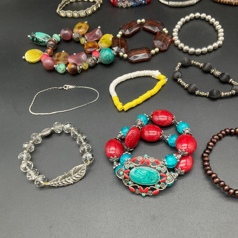Vintage & Modern Costume Jewelry Lot of 30 Beaded Bangle Cuff Bracelets Boho
