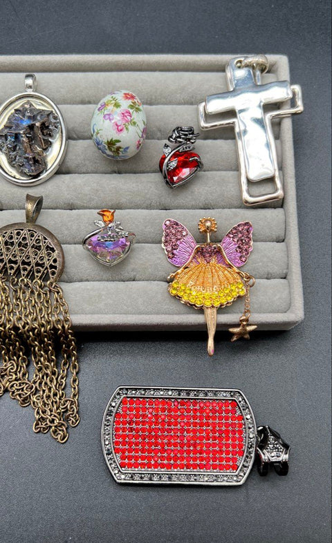 Mixed Style Costume Jewelry Pendants Lot of 11 Cross Fairy Bismuth Jasper