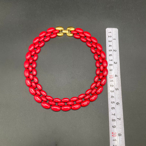Vintage Signed Napier Red Enamel Gold Tone Necklace and Bracelet Set