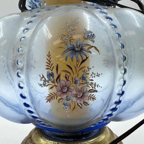 Carl Falkenstein Blue Glass Table Lamp Hand Painted Flowers Hollywood Regency
