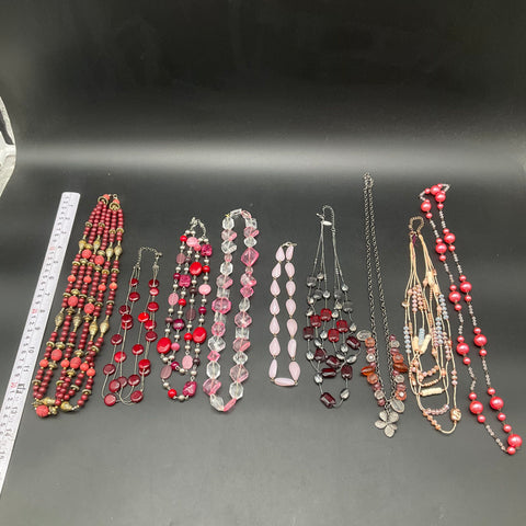 Mixed Costume Jewelry Lot of 9 Necklaces Pink Red Beaded Multi-Strand Statement