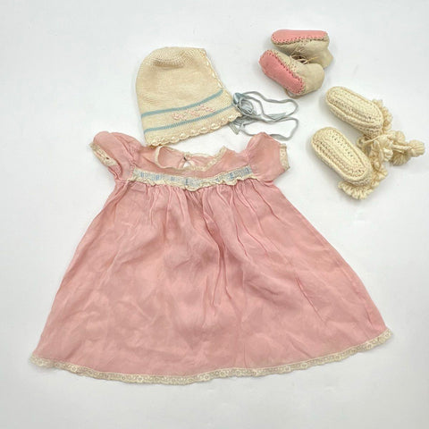 Vintage 1950s Pink Sheer Dress Bonnet Embroidered Shoes Booties 4pc Set Sz NB