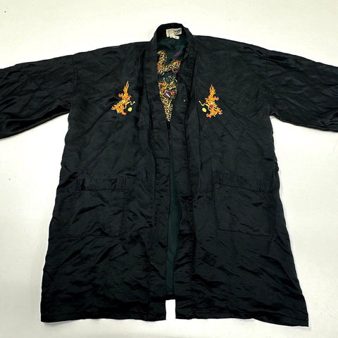 Vintage 80s Esme Chinese Dragon Embroidered Silk Kimono Robe Sz L