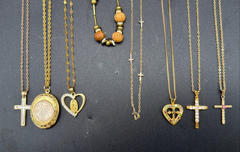 Religious Costume Jewelry Lot 15pc Gold Tone Crosses Mustard Seed Locket
