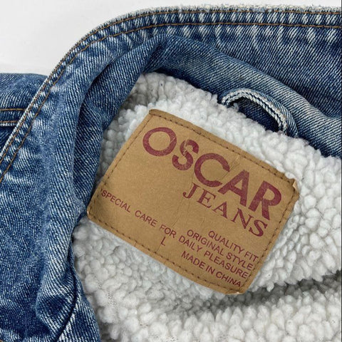 Vintage 90s Oscar Jeans Blue Sherpa Lined Denim Trucker Jacket Men's Size L