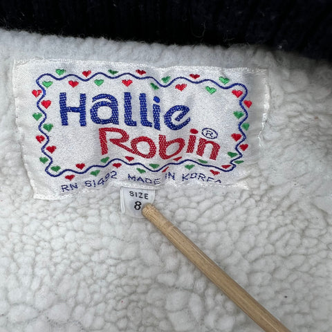 Vintage Hallie Robin Black Graphic Bomber Sweater Jacket Sherpa Lined Kids Size