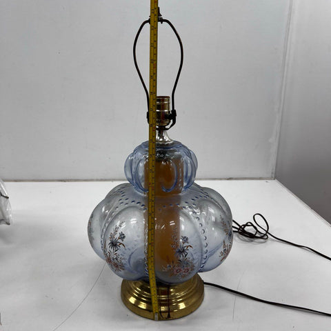 Carl Falkenstein Blue Glass Floral Table Lamp Brass Base Vintage Works