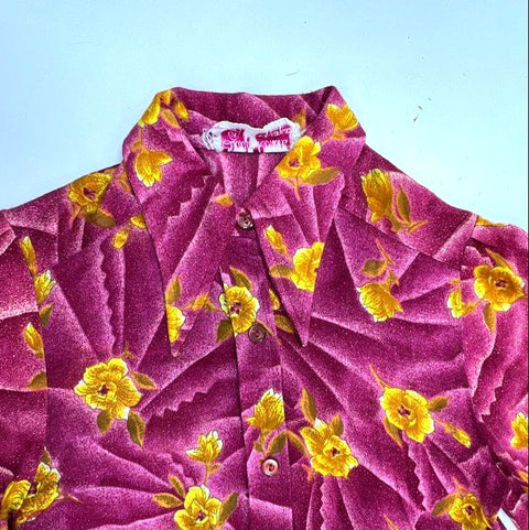 Vintage 70s Lady Ronnie Women's Pink Floral Dagger Collar Button Up Blouse Sz 36