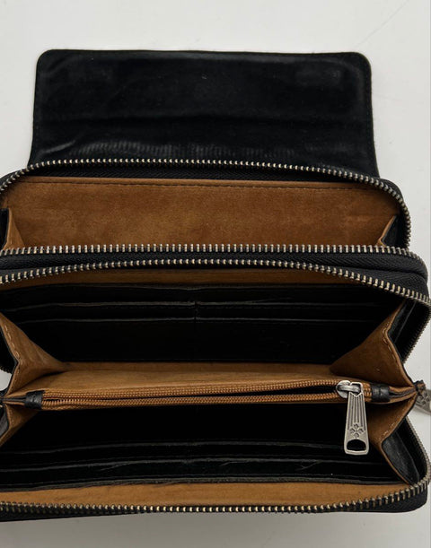 Patricia Nash Black Map Embossed Leather Wristlet Wallet Clutch Bag