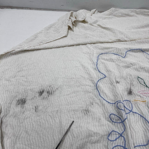 Vintage Chenille Bedspread White Blue Floral Embroidery Wavy Texture Mid Century